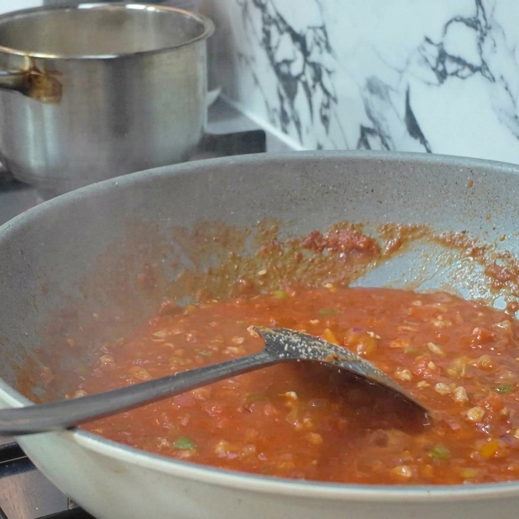 Pomodori freschi infilzati su spiedini di metallo e arrostiti direttamente sopra la fiamma blu di un fornello a gas.