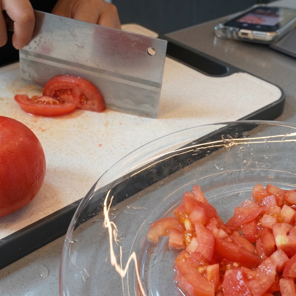 Pomodori scottati tagliati a piccoli pezzi su un tagliere usando una mannaia.