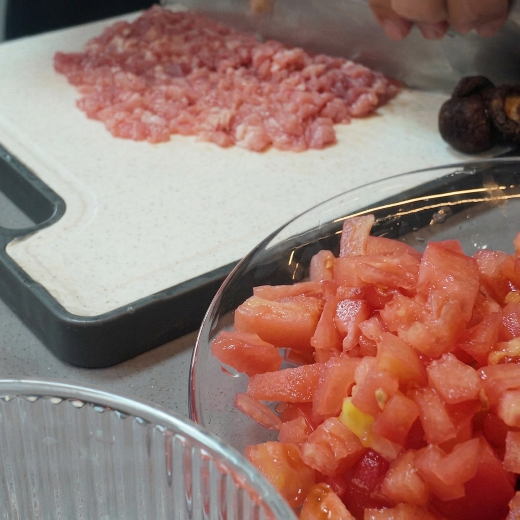 Carne tagliata finemente su un tagliere con una mannaia.