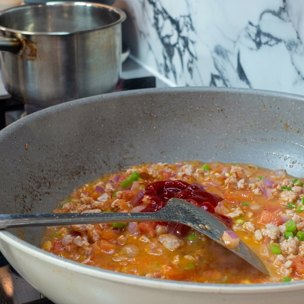 Un cucchiaio di denso concentrato di pomodoro rosso aggiunto alla miscela in padella con una spatola.