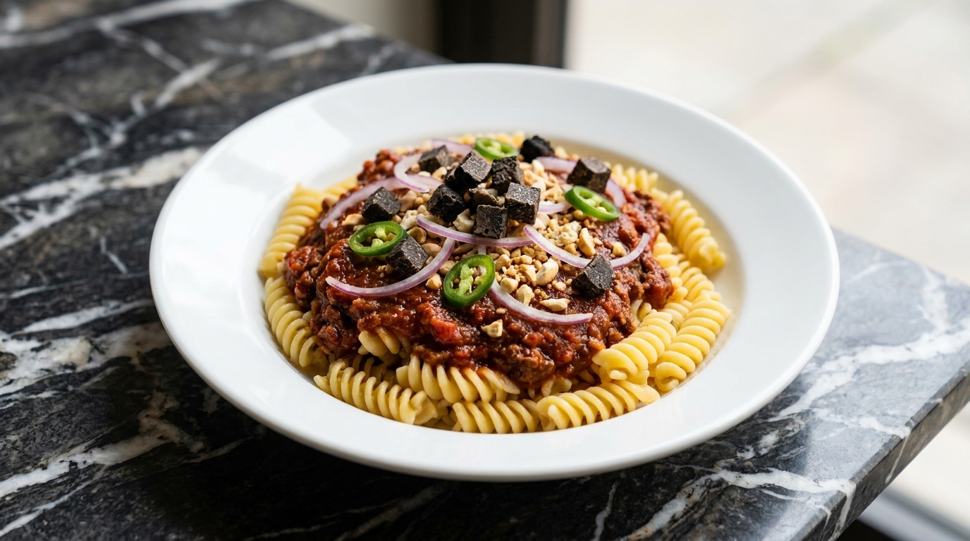 Pasta con Sugo di carne, Pomodori Arrostiti e Tartufo Nero