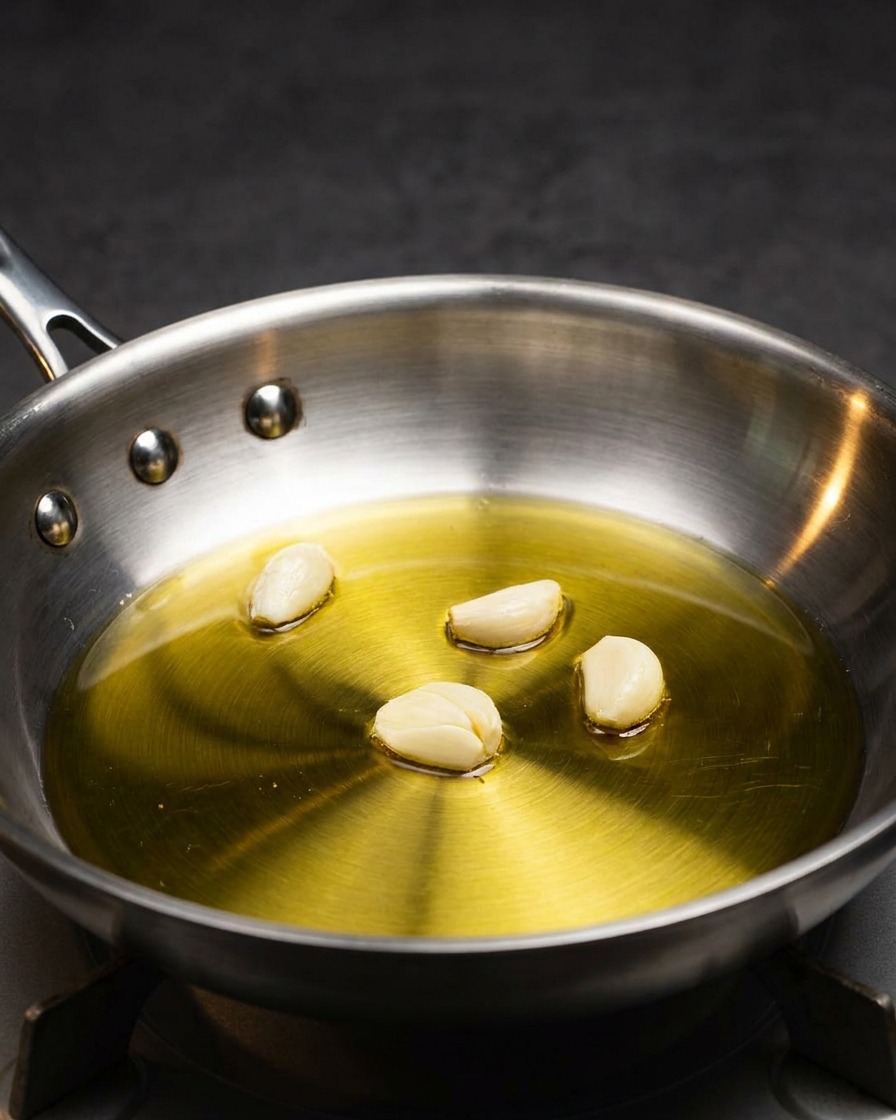 Spicchi daglio crudi adagiati in una padella in acciaio inossidabile rivestita di olio doliva.