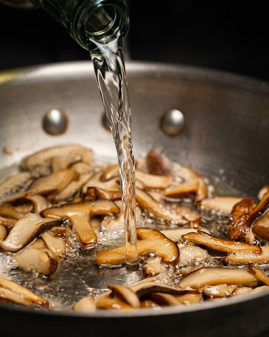 Liquido di cottura chiaro versato da una bottiglia in una padella piena di funghi in cottura.