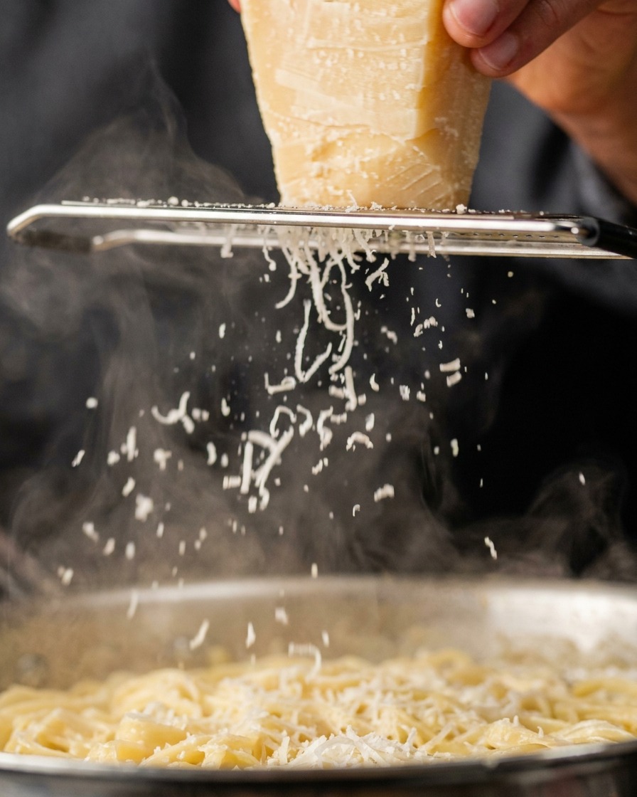 Formaggio grattugiato fresco che cade da una grattugia metallica a mano in una salsa cremosa in ebollizione.