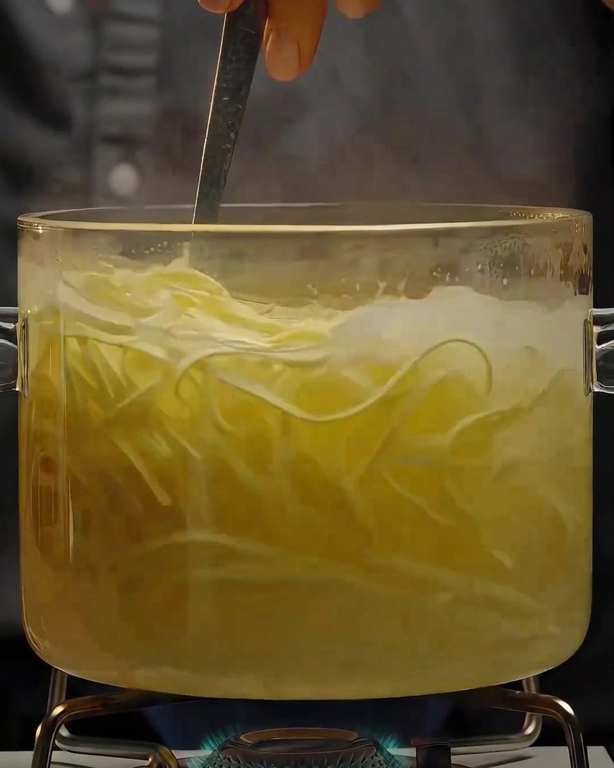 Filamenti di pasta lunga in cottura e mescolati allinterno di una pentola di vetro bollente.