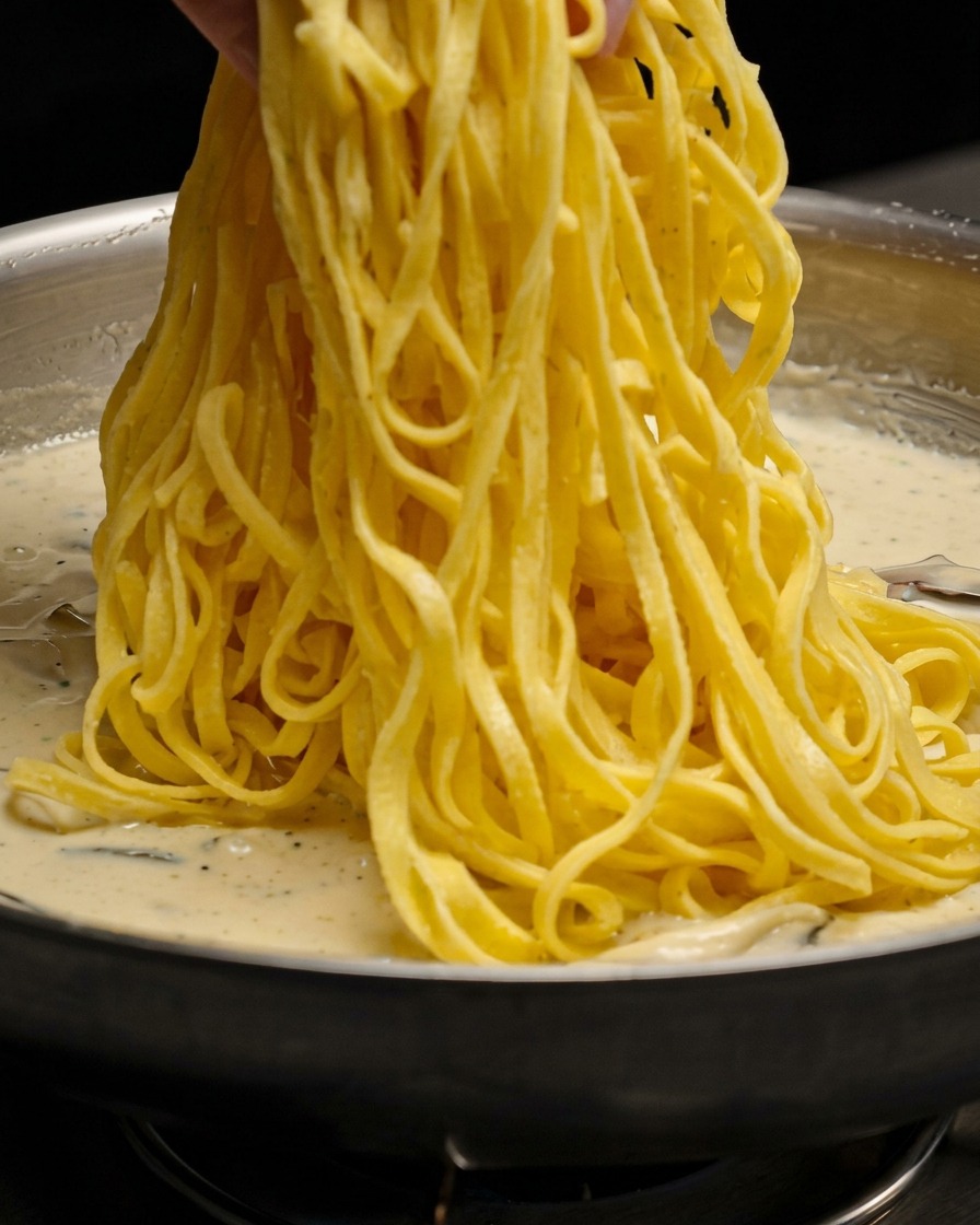 Un mazzetto di pasta gialla sollevato e mescolato in una salsa cremosa in padella piena di funghi.