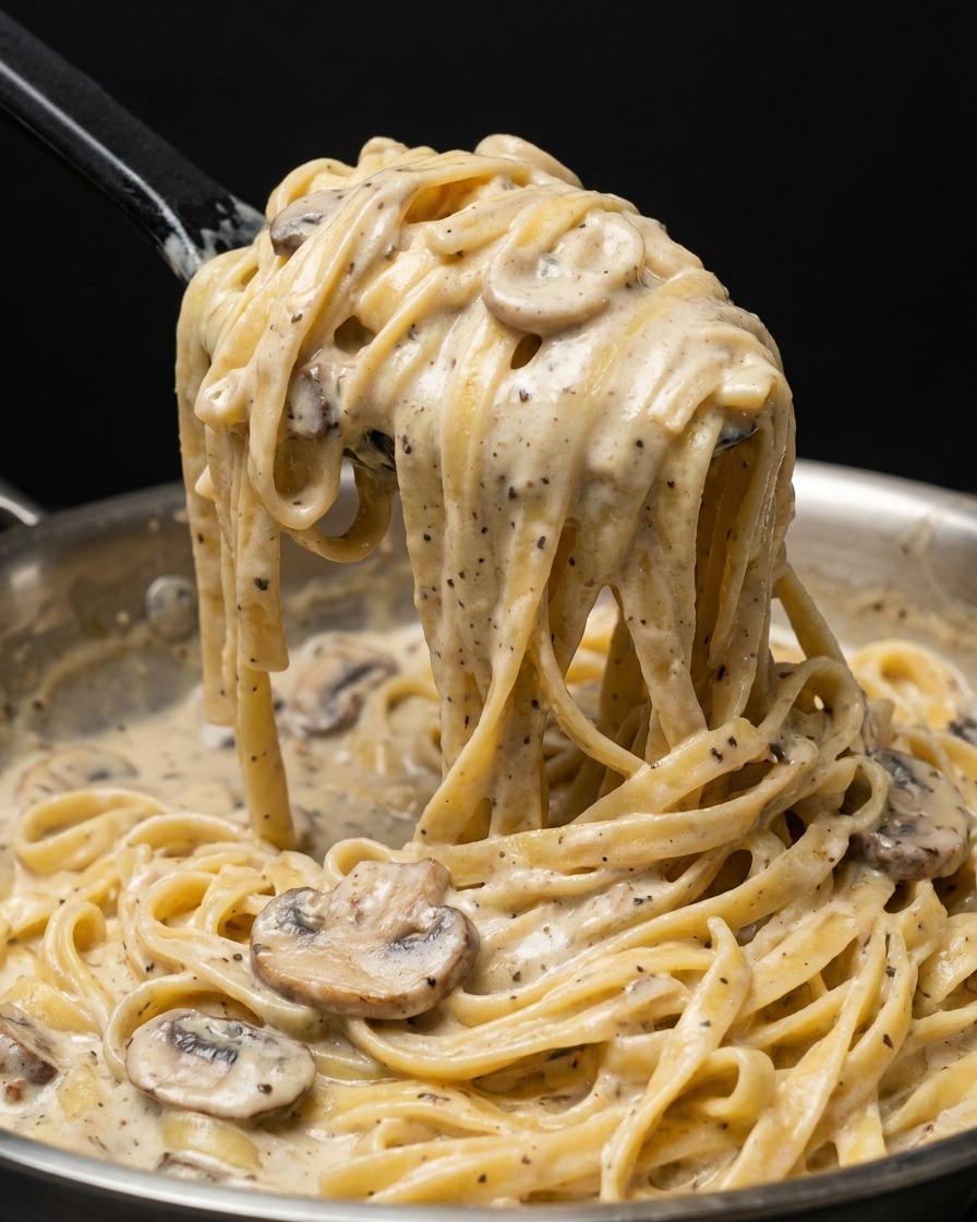 Pinze da cucina nere che sollevano una porzione arrotolata di pasta cremosa ai funghi dalla padella.