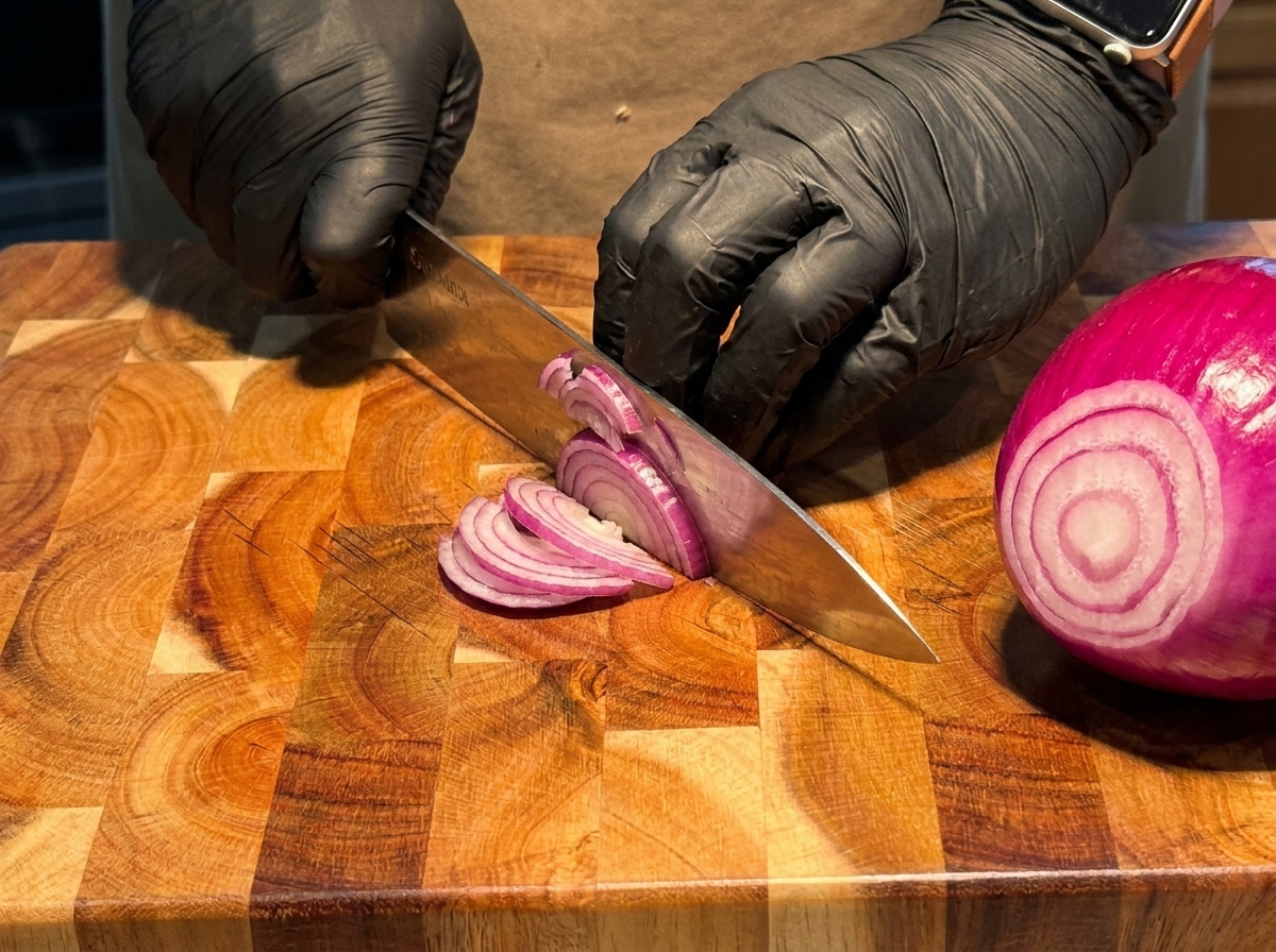 Un coltello che taglia una cipolla viola su un tagliere di legno accanto a una cipolla tagliata a metà.