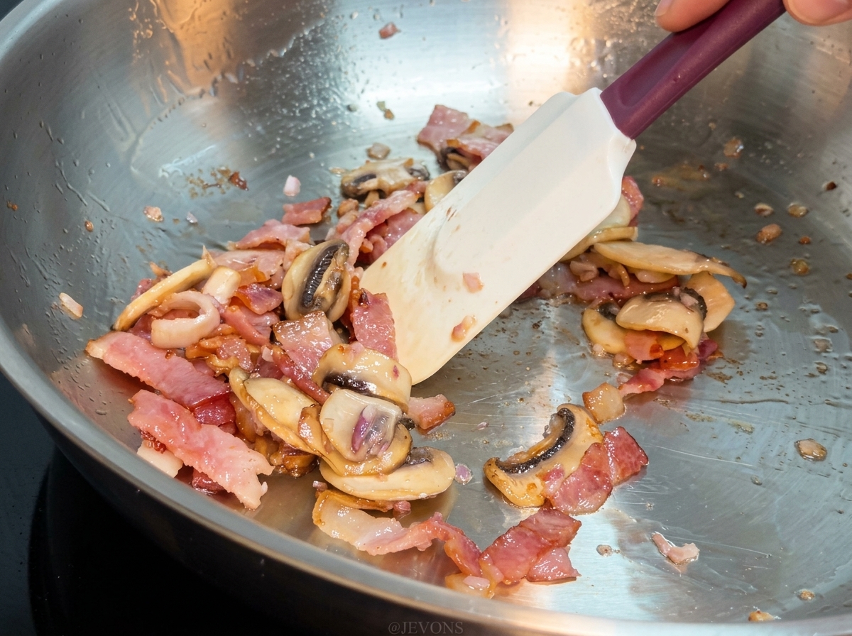 Una spatola in silicone che mescola pasta cotta, pancetta e funghi insieme in una padella di metallo.