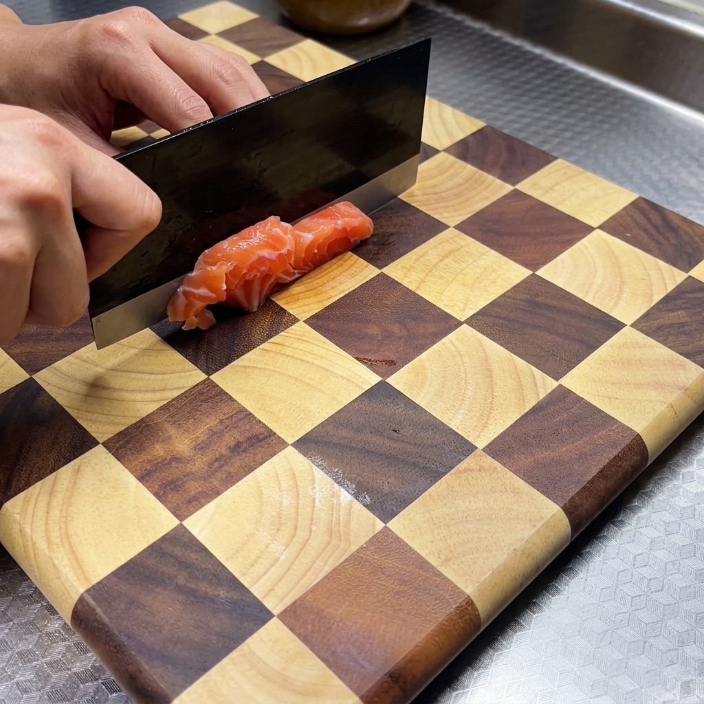 Filetti di salmone tagliati in blocchi regolari di 1 centimetro su un tagliere di legno a quadretti usando una mannaia da cucina scura.