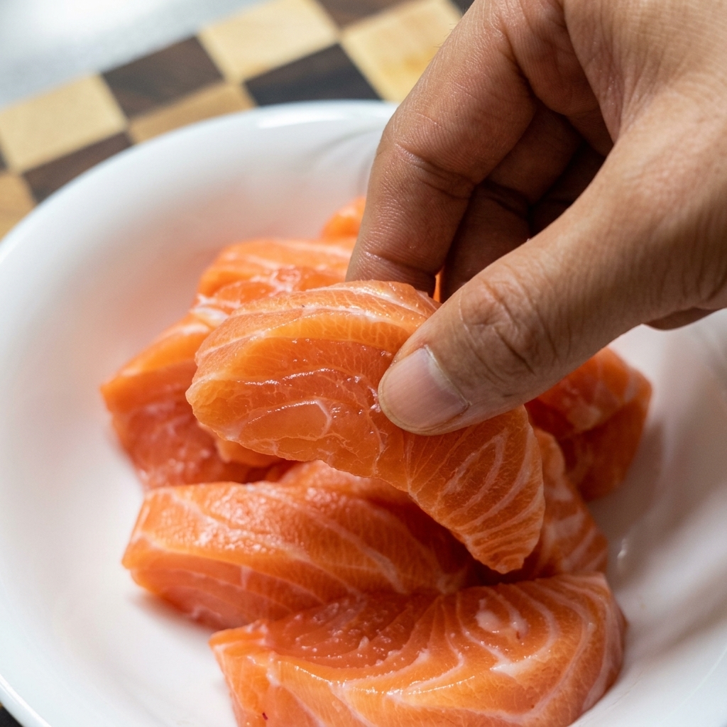 Una mano che tiene un pezzo di salmone fresco sopra una ciotola bianca piena di pezzi di salmone conditi con salsa di soia.