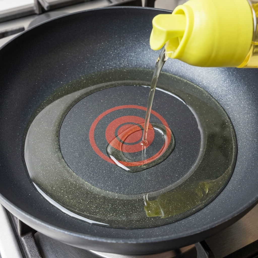 Olio da cucina versato da una bottiglia con tappo giallo in una padella piatta antiaderente riscaldata.