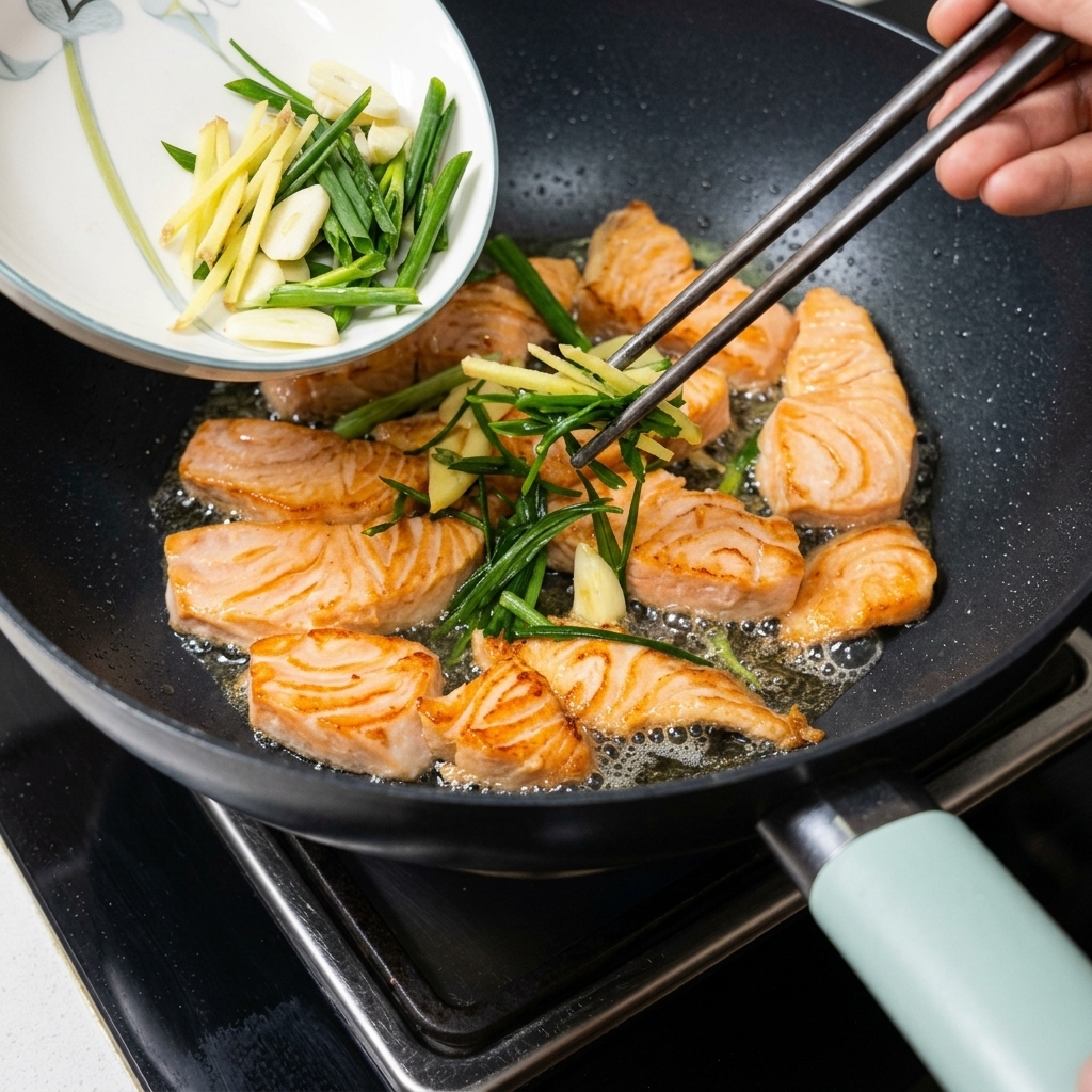 Cipollotti e zenzero saltati versati da un piccolo piatto bianco in una padella con pezzi di salmone.