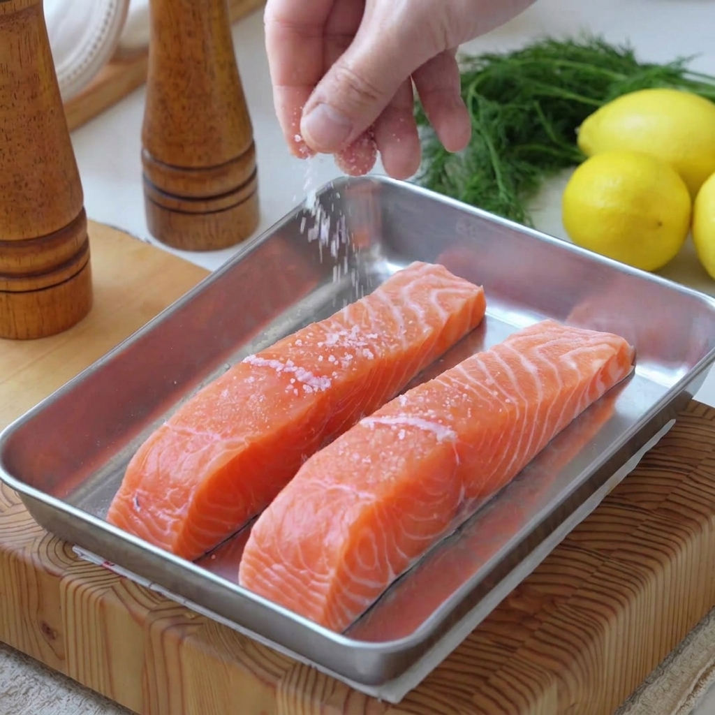 Filetti di salmone fresco conditi con sale marino grosso e pepe nero, massaggiati a mano in un vassoio di acciaio.