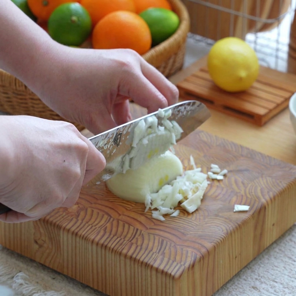 Mezza cipolla e spicchi daglio tritati finemente con un coltello affilato su un tagliere di legno rustico.