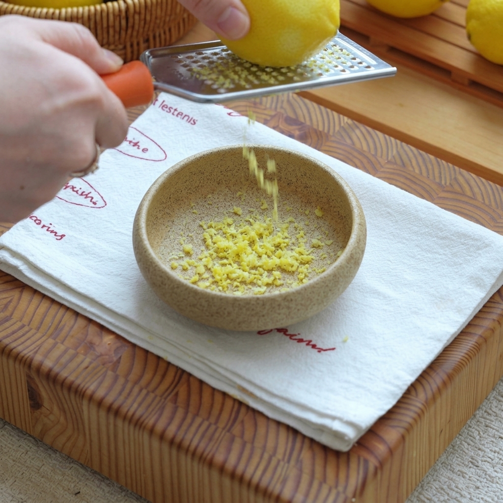Scorza di limone grattugiata che cade in una piccola ciotola di ceramica foderata con un panno bianco.