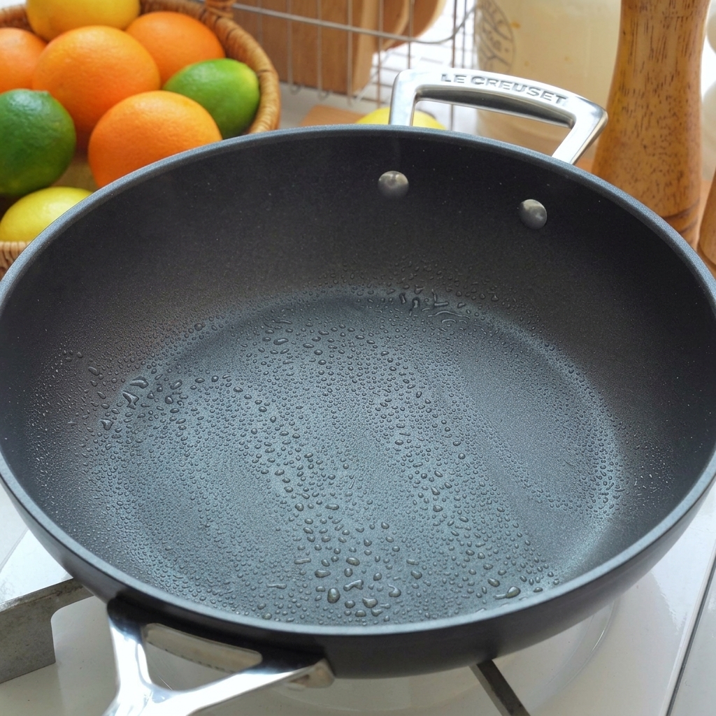 Una padella scura antiaderente molto calda, velata da un sottile strato di olio doliva sul fornello.