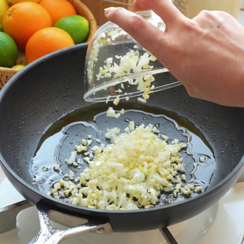 Cipolla tritata, aglio e scorza di limone versati da una ciotola di vetro in una padella con olio.