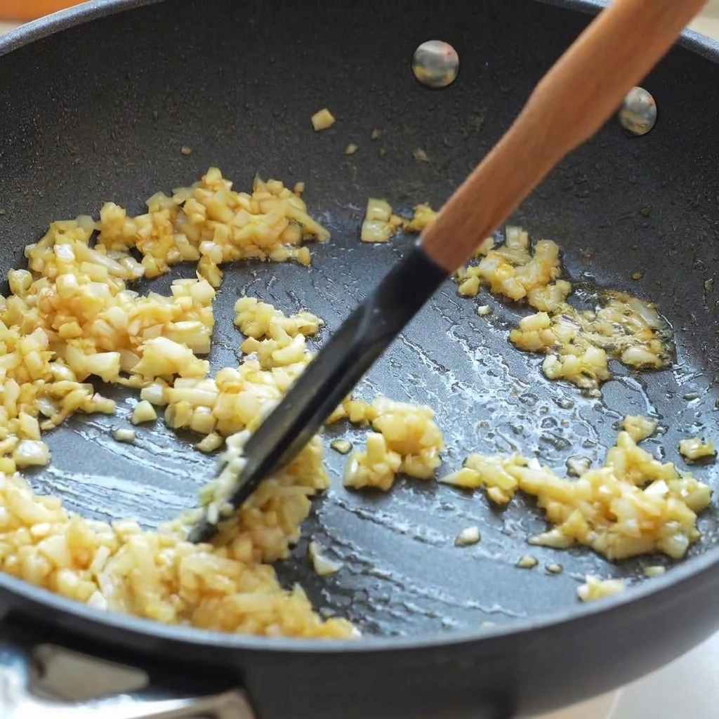 Acqua versata in padella con cipolle e aglio soffritti, mescolata con una spatola di legno.