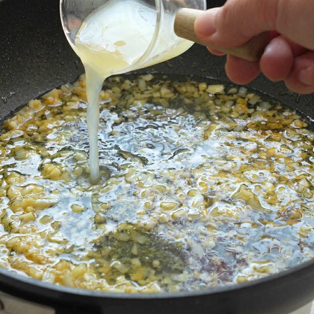 Succo di limone fresco versato da un misurino in una padella con aglio e cipolle.