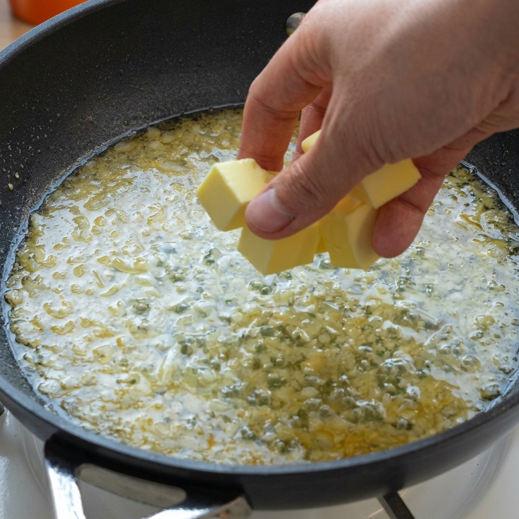 Cubetti di burro aggiunti a mano in una padella fumante con salsa al limone.