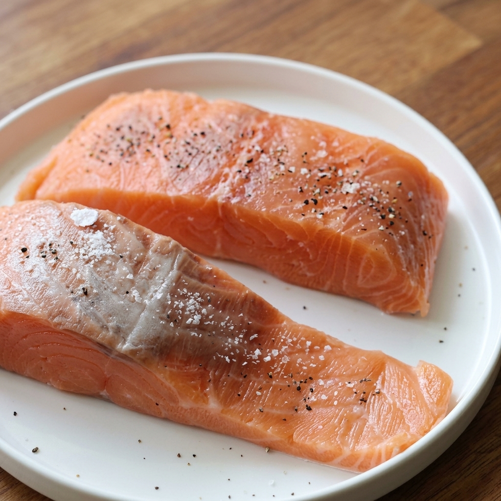 Due filetti di salmone crudo su un piatto bianco generosamente conditi con sale marino grosso e pepe nero.