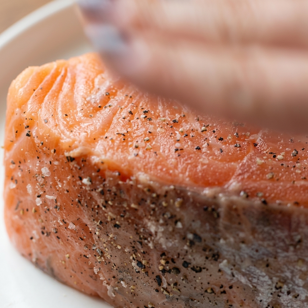Una mano che preme e strofina delicatamente sale marino e pepe nero su un filetto di salmone crudo.