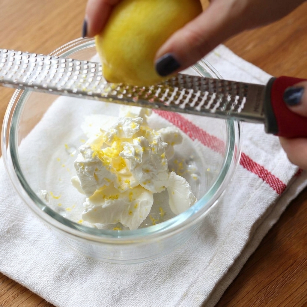 Mani che usano una grattugia per ricavare la scorza di un limone intero sopra una ciotola di vetro contenente formaggio spalmabile ammorbidito.