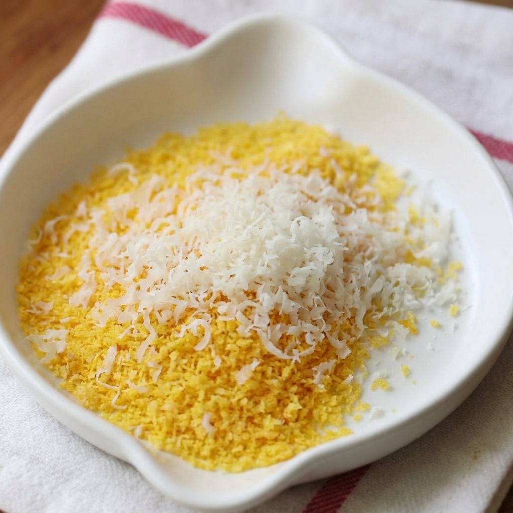 Un piccolo piatto bianco contenente una miscela di pangrattato giallo e formaggio Parmigiano bianco grattugiato fine.