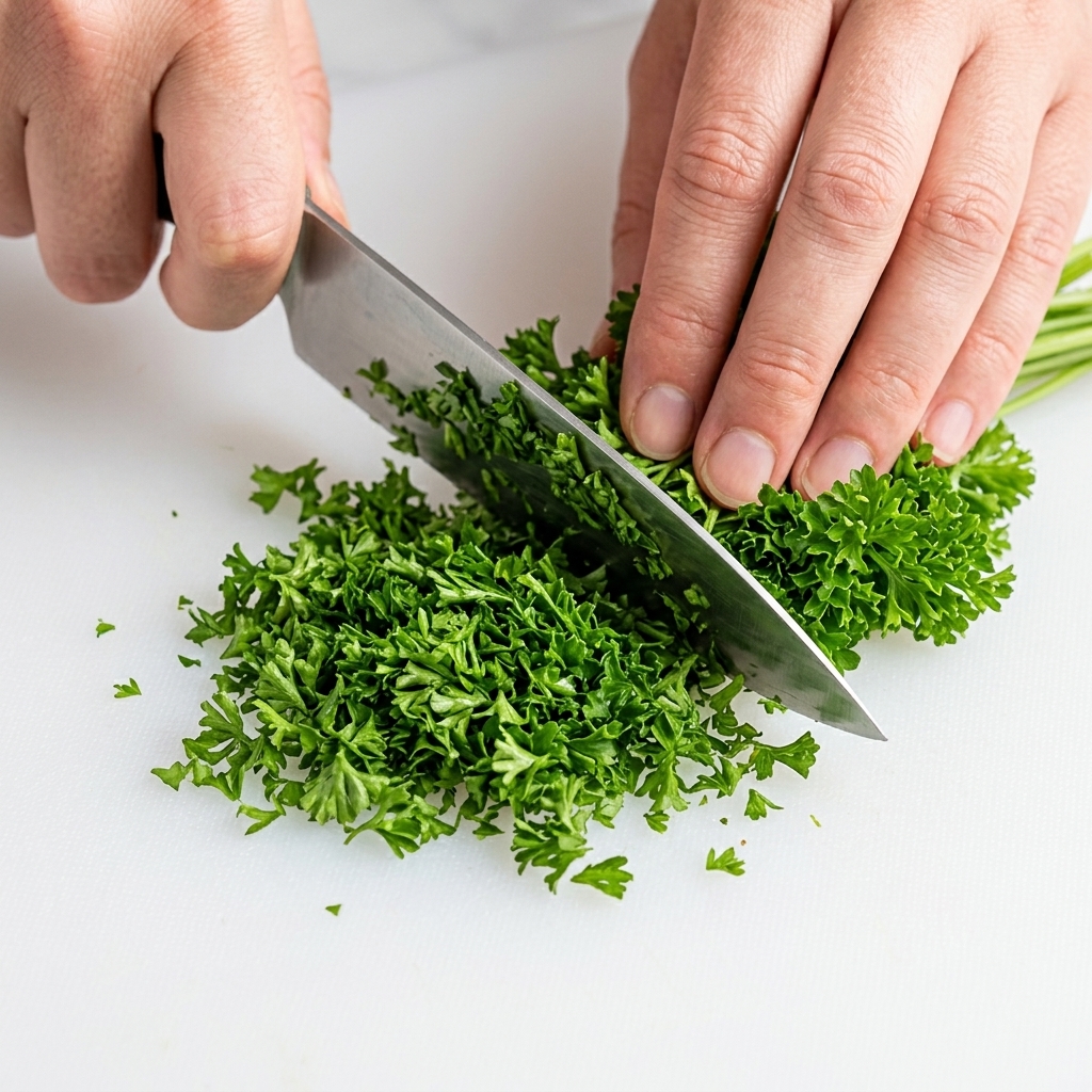 Mani che tritarono finemente del prezzemolo riccio fresco su un tagliere bianco con un coltello da chef.