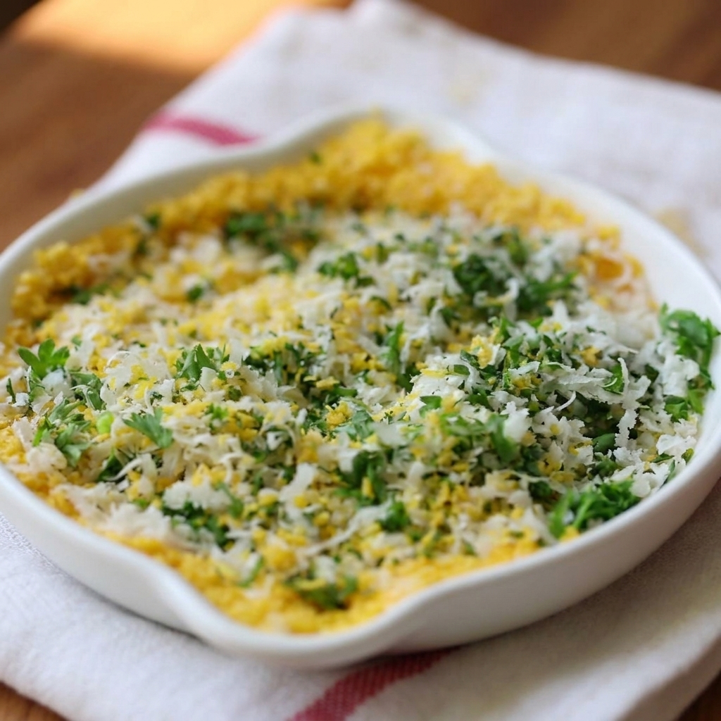 Un piatto bianco contenente una miscela di pangrattato giallo, formaggio Parmigiano bianco grattugiato e prezzemolo verde tritato.