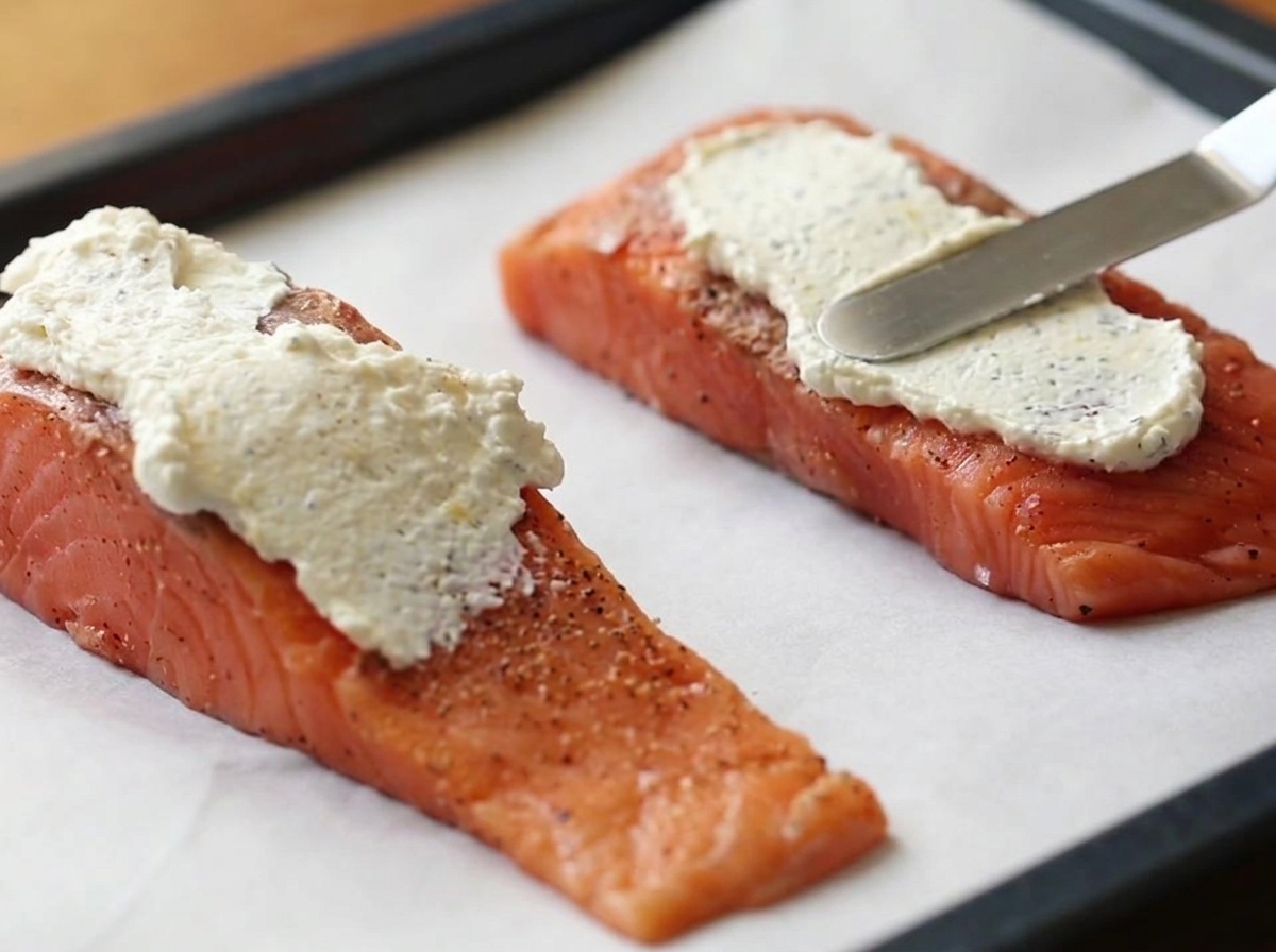 Una spatola di metallo che spalma uno spesso strato di composto bianco di formaggio spalmabile su due filetti di salmone crudo su una teglia foderata di carta da forno.
