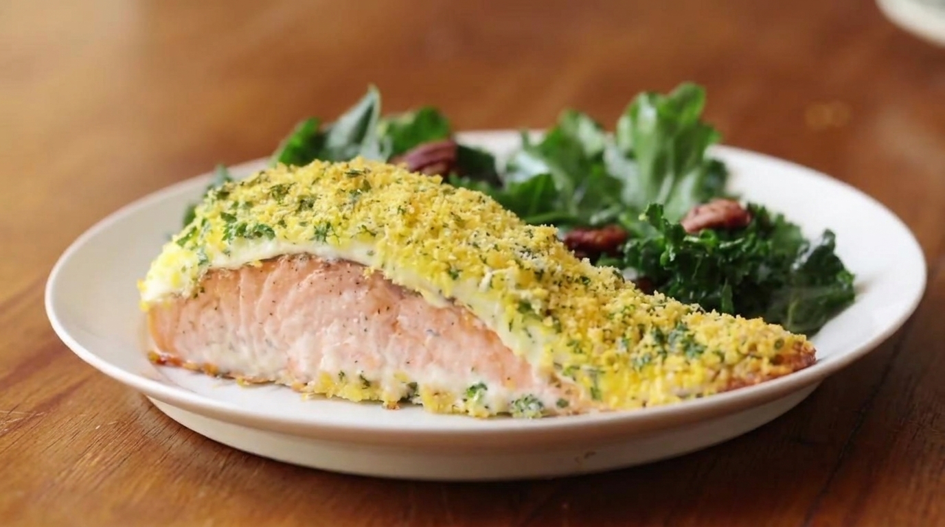 Salmone al Forno in Crosta di Parmigiano con Insalata di Cavolo