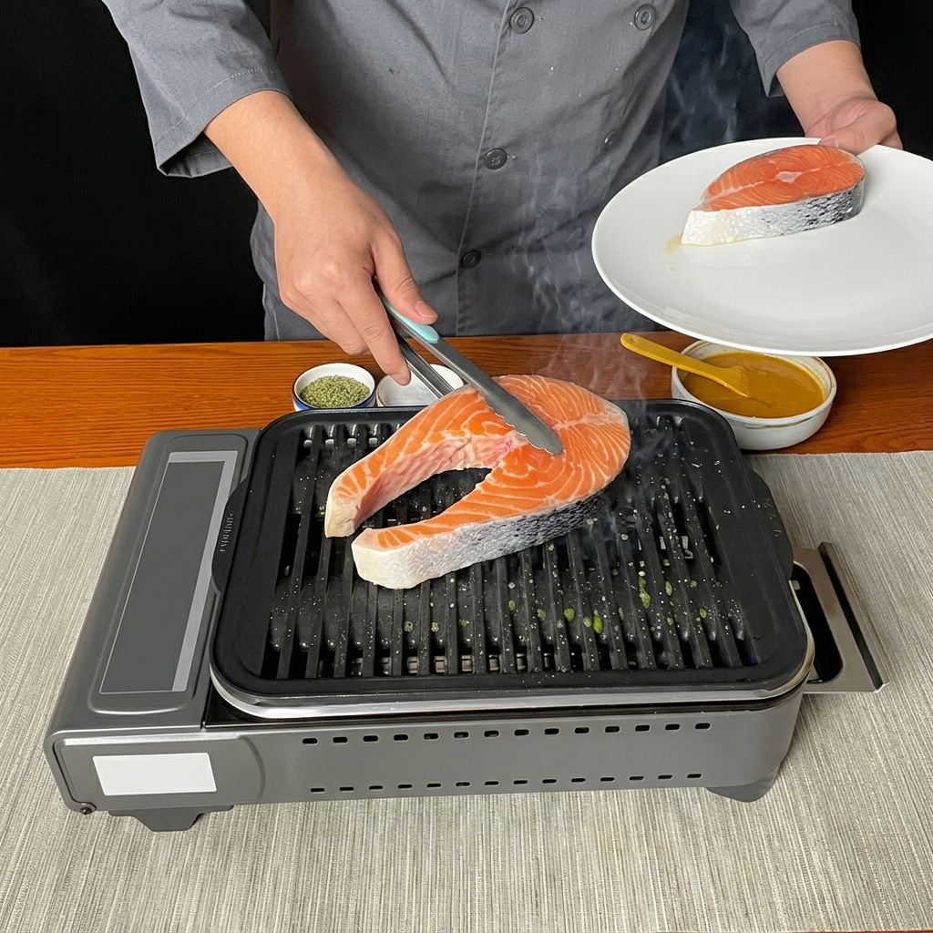 Tranci di salmone crudo trasferiti su una piastra calda utilizzando pinze di metallo.