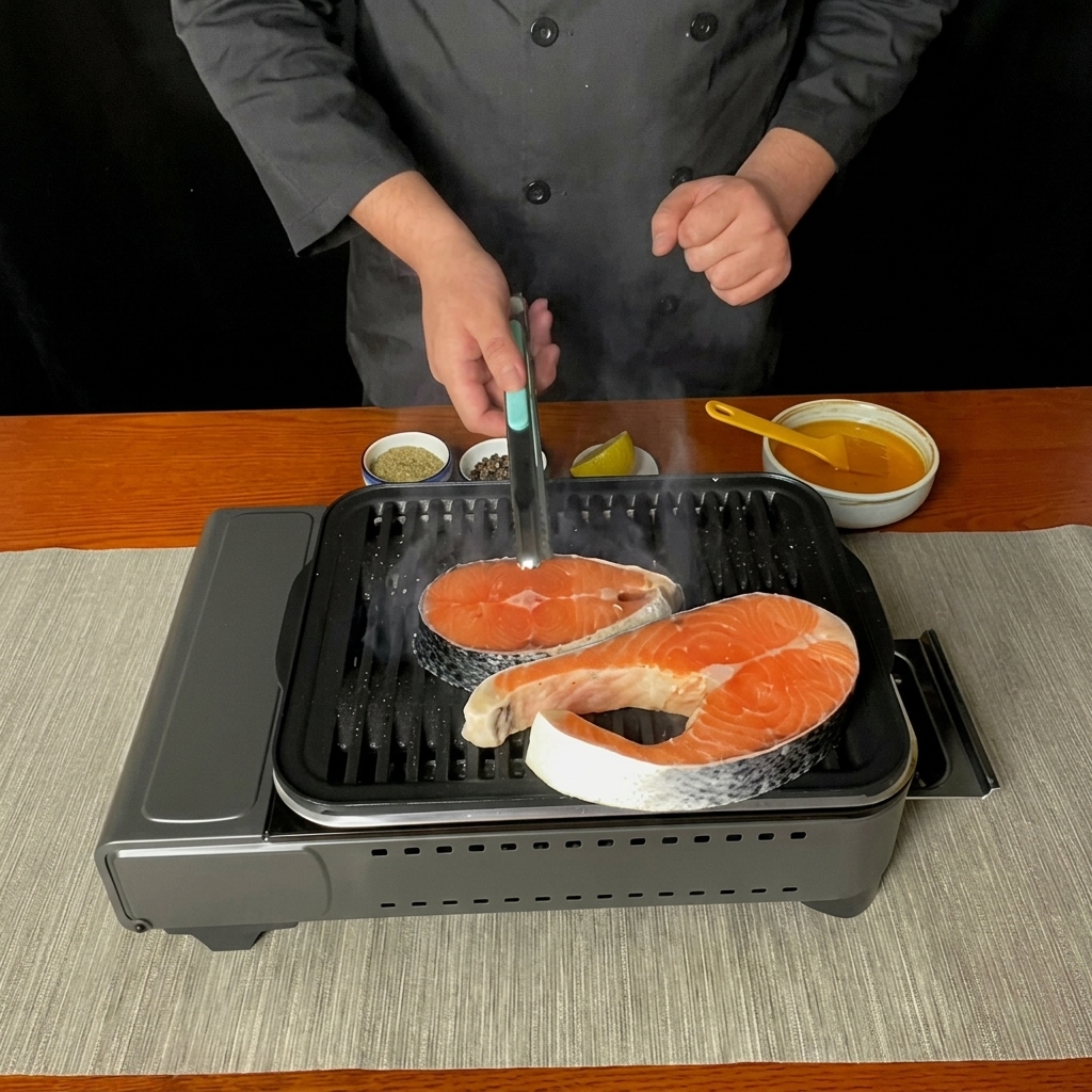Tranci di salmone che sfrigolano sulla piastra con i classici segni della griglia ben visibili.