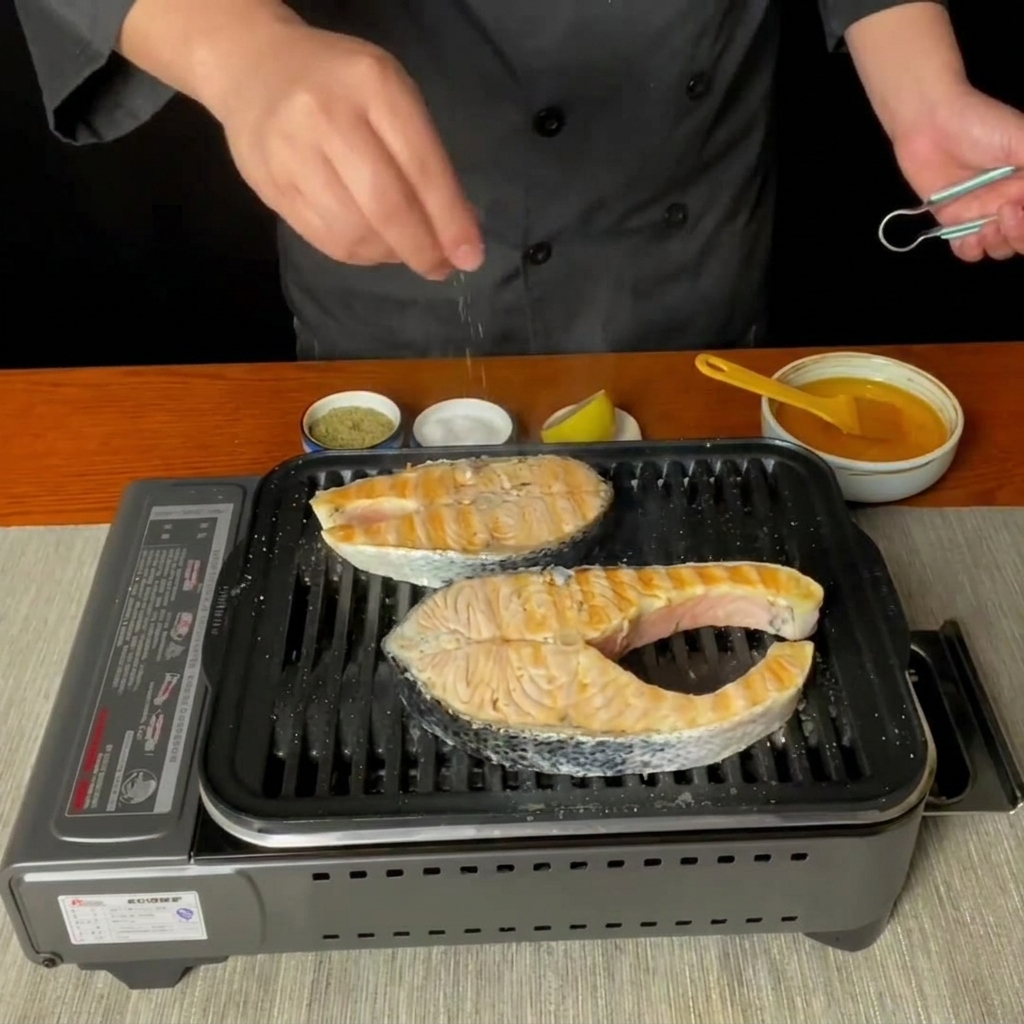 Succo di limone fresco spremuto sui tranci di salmone sulla piastra.