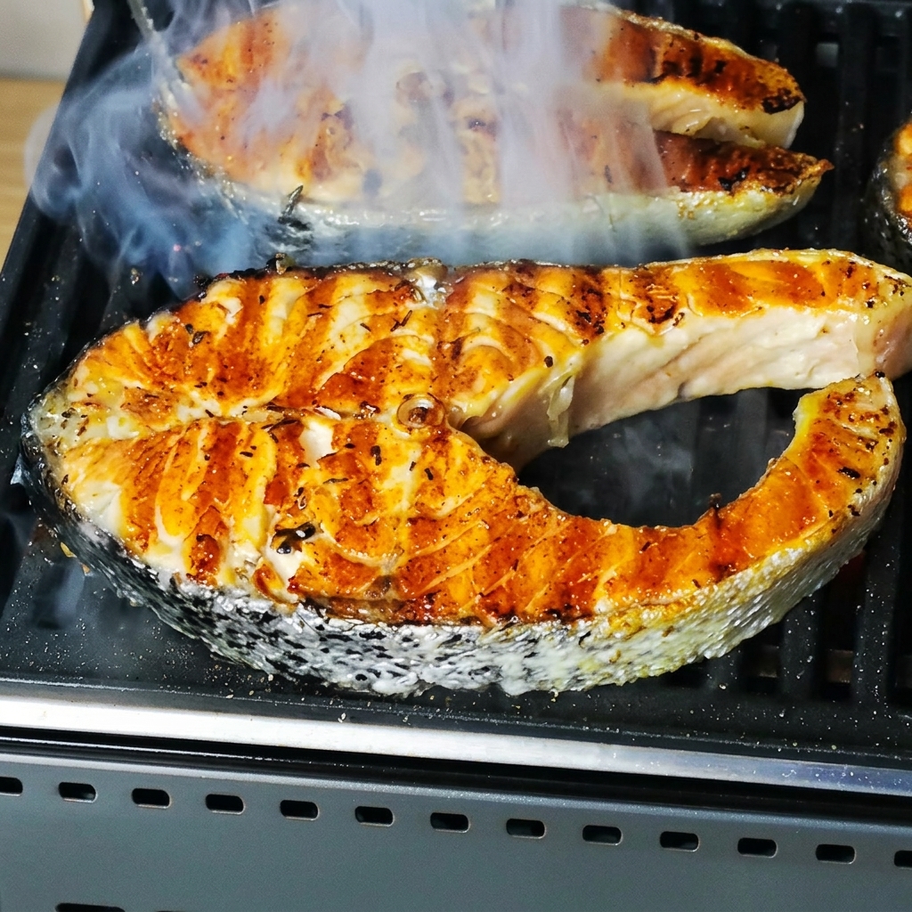 Tranci di salmone che grigliano su una padella rovente avvolti dal vapore.