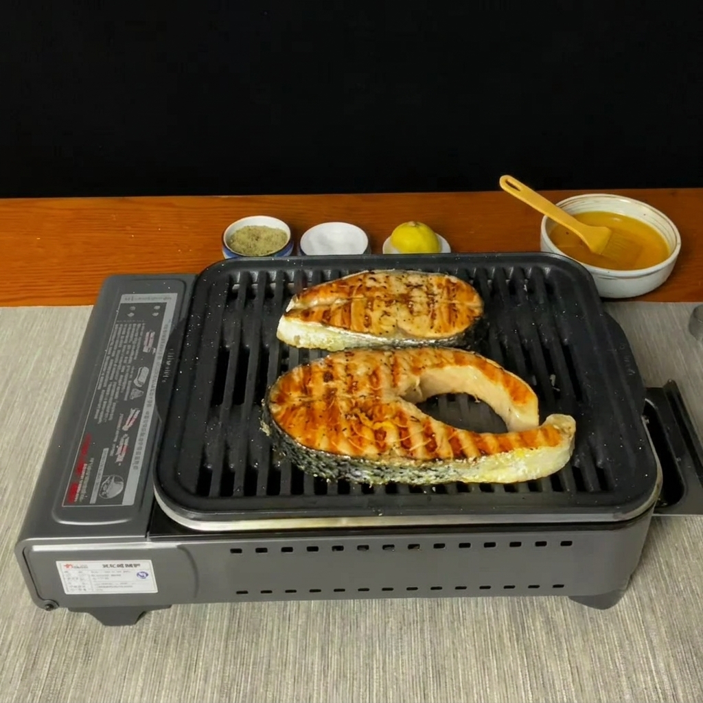 Pepe nero appena macinato da un macinapepe su tranci di salmone dorati e grigliati.