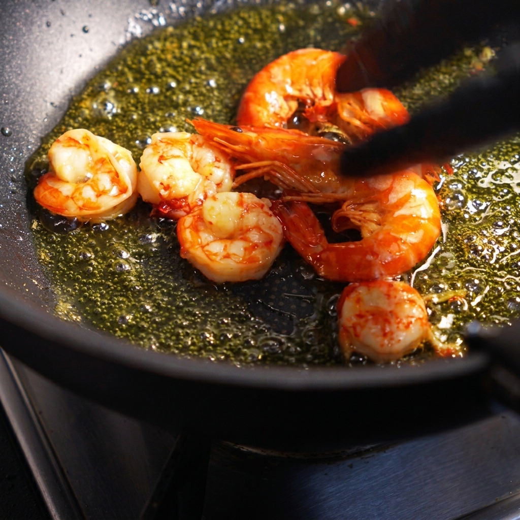 Gamberi freschi fritti in una padella calda con olio doliva fino a quando diventano di un colore rosa brillante.