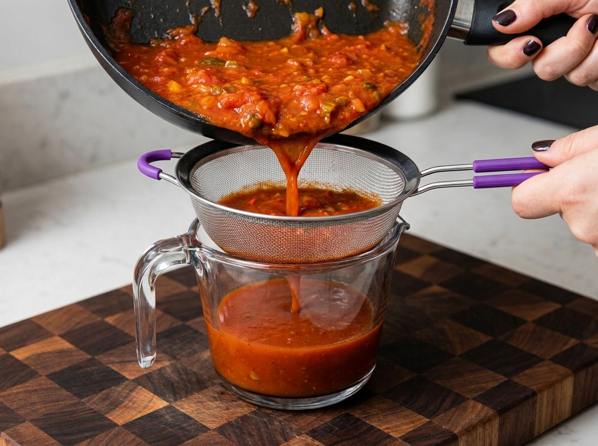 Base di zuppa rossa calda versata da una padella attraverso un colino di metallo in una brocca di misurazione trasparente.