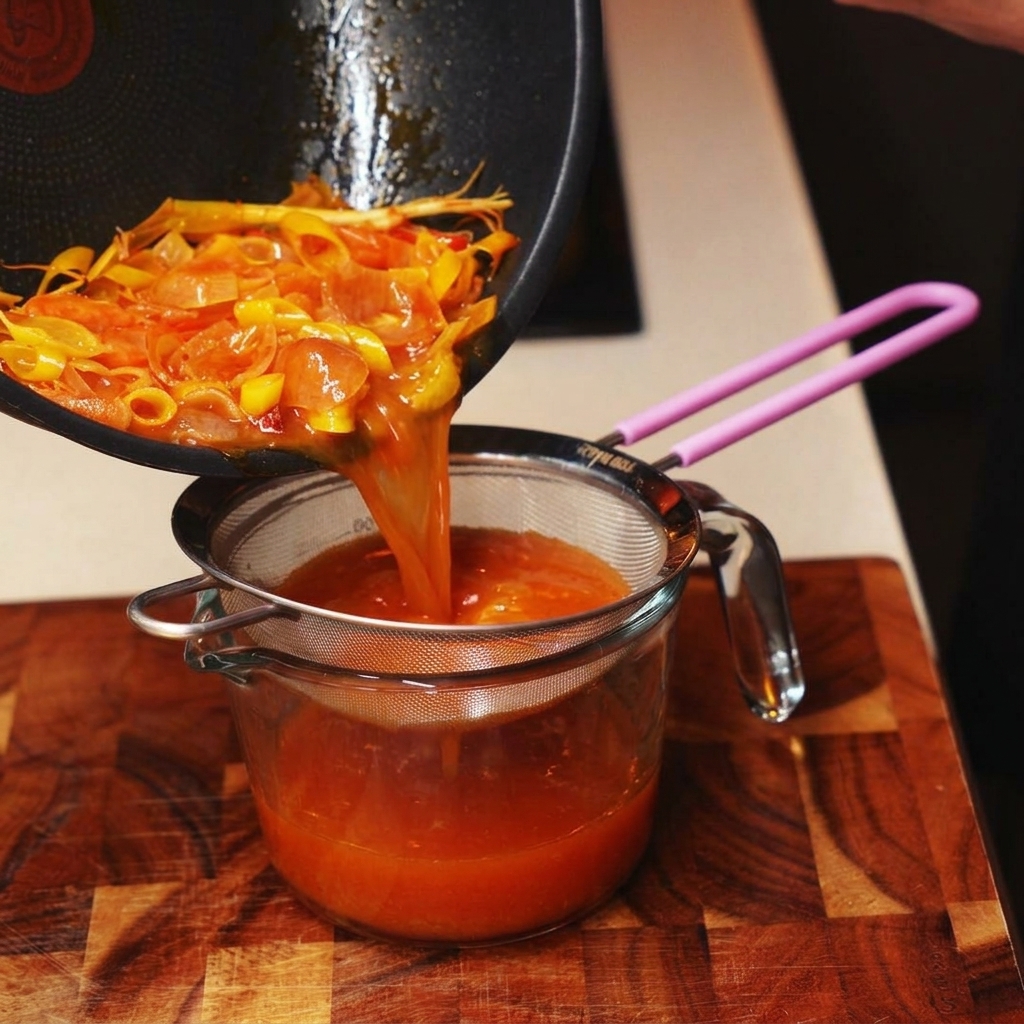 Pomodori rossi a dadini e funghi versati in una padella piena di brodo aromatico.