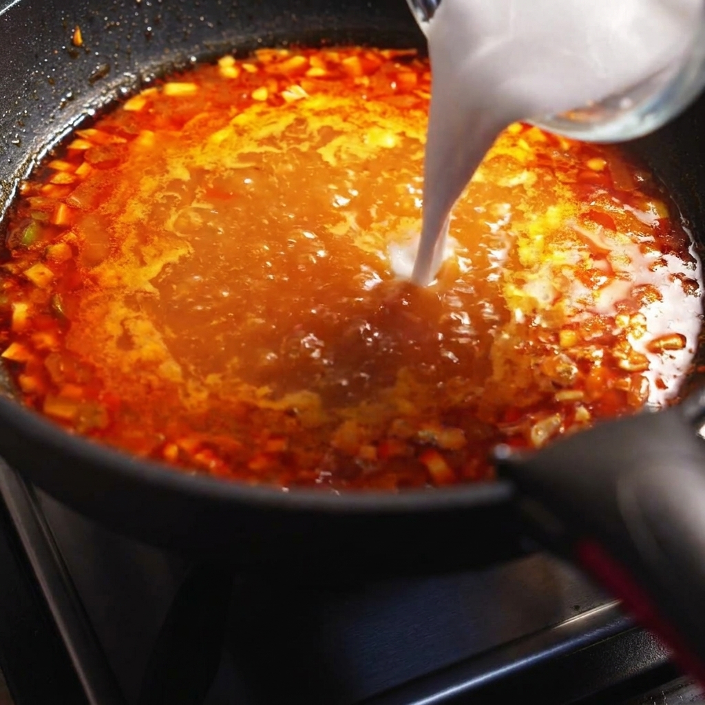 Latte di cocco versato da una tazza di vetro in una pentola ribollente di zuppa arancione.