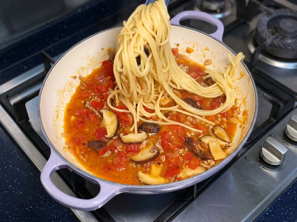 Una pinza solleva una porzione di spaghetti cotti sopra una padella piena di salsa di pomodoro fumante.