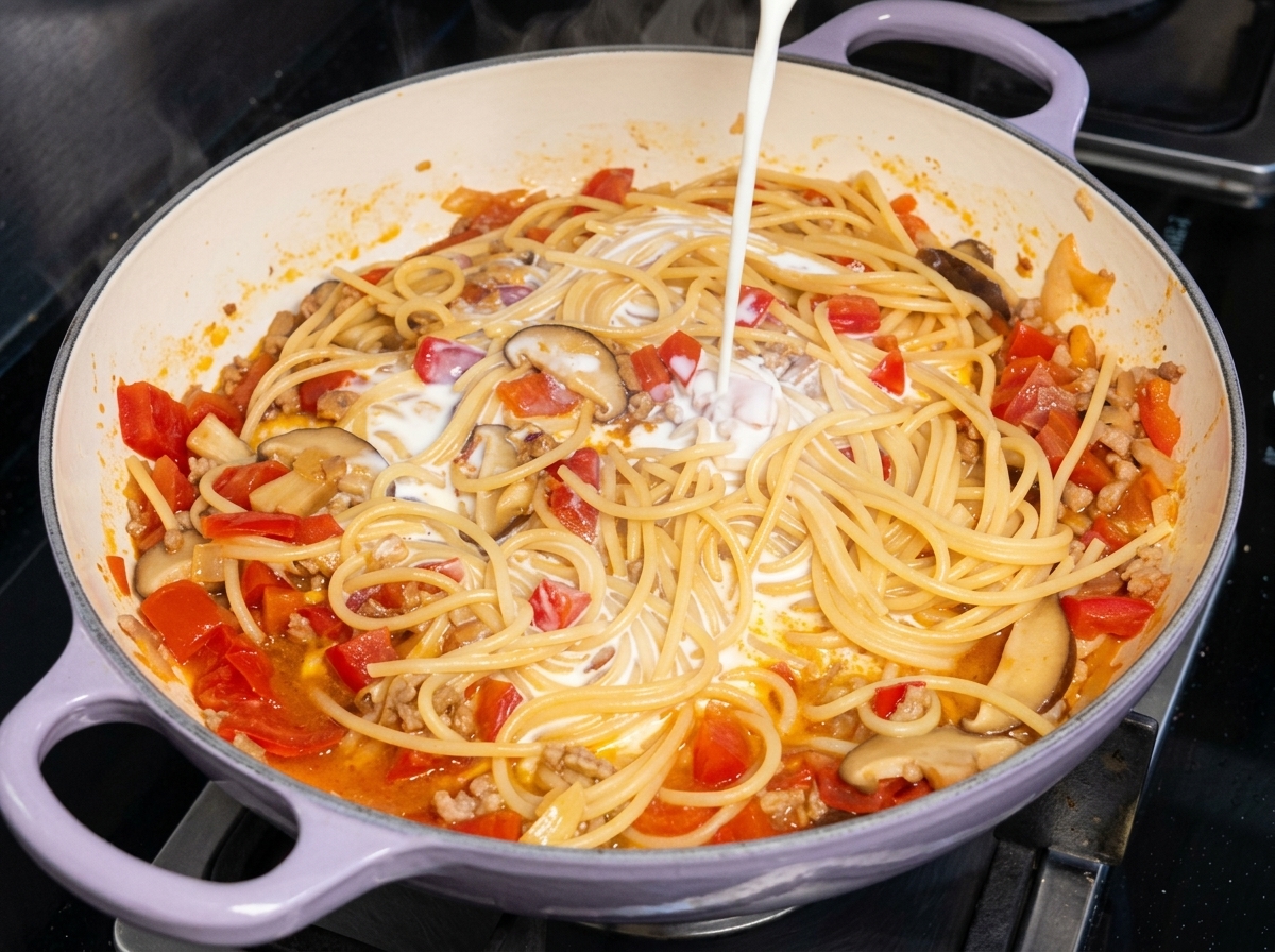 Un filo di latte o panna viene versato al centro di una padella piena di spaghetti cotti e salsa di pomodoro.
