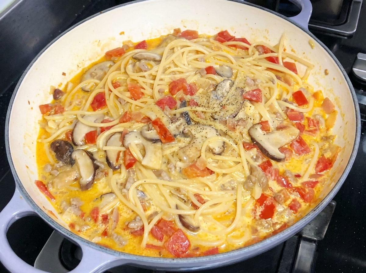 Spaghetti cremosi con pomodori e funghi in padella, spolverati con pepe nero macinato fresco.