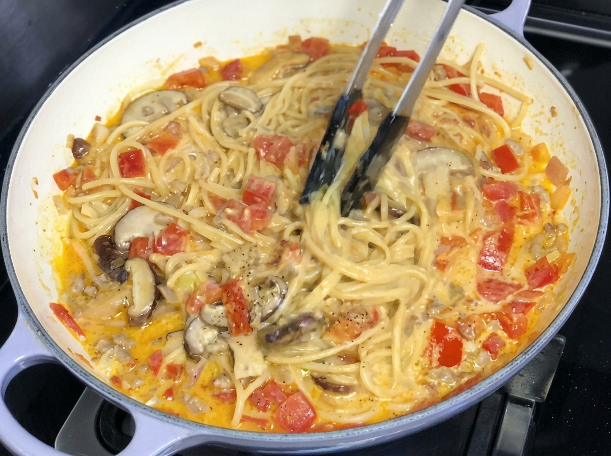 Formaggio a pasta dura grattugiato fresco sopra gli spaghetti, con pinze da cucina visibili.