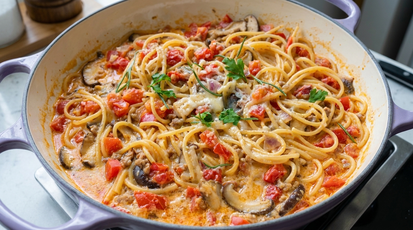 Spaghetti Cremosi con Pomodorini e Funghi Shiitake