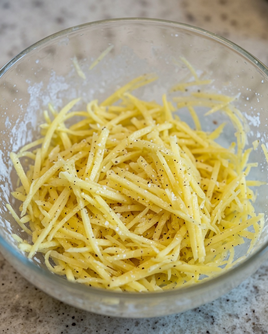 Patate grattugiate condite in una ciotola di vetro, spolverate leggermente con un pizzico di farina.