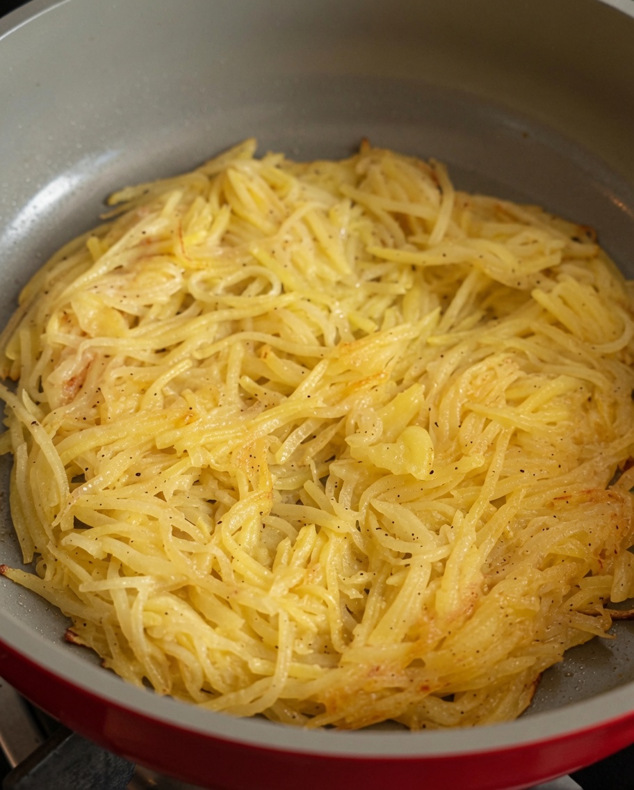 Una frittella rotonda di patate grattugiate in cottura, che si dora lungo i bordi.