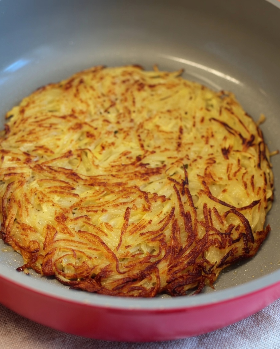 Una base rotonda di patate perfettamente dorata e croccante allinterno di una padella antiaderente.